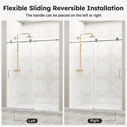56"-60" W x 76" H Frameless Sliding Shower Door, Bathroom Sliding Door with 1/4'' Tempered Glass, Explosion-Proof Film, Silent Soft-Close Shower Door, Stainless Steel Handle, Brushed Nickel