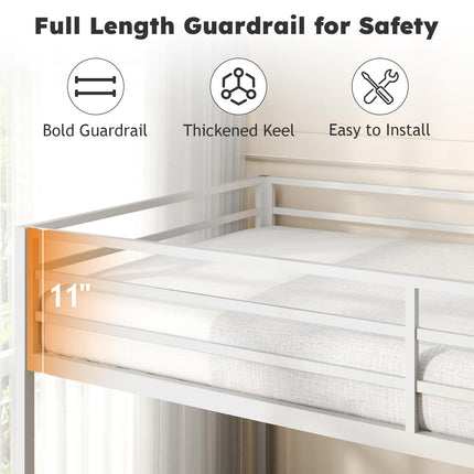 Twin Over Twin Bunk Bed, Metal Low Profile Bunkbeds with Full-Length Guardrail and Ladder, Space Saving, No Boxing Spring Needed, White