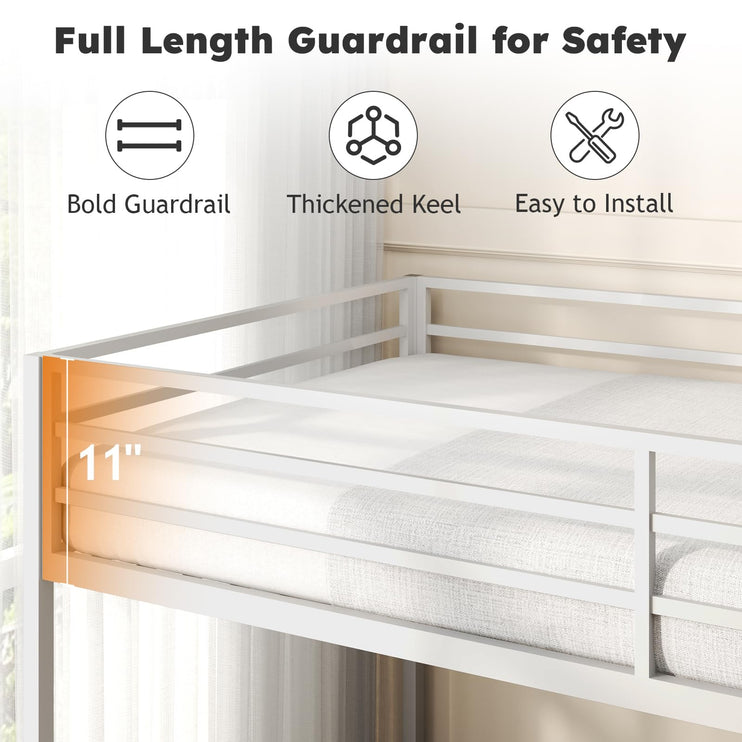 Twin Over Twin Bunk Bed, Metal Low Profile Bunkbeds with Full-Length Guardrail and Ladder, Space Saving, No Boxing Spring Needed, White