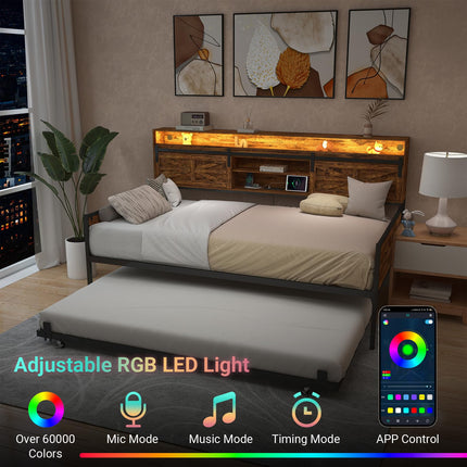 Twin Daybed with Trundle Bed, Rustic Farmhouse Daybed Frame with Sliding Barn Door Headboard LED Lights and Charging Station, Heavy Duty Metal Daybed for Bedroom Living Room Guest Room Brown