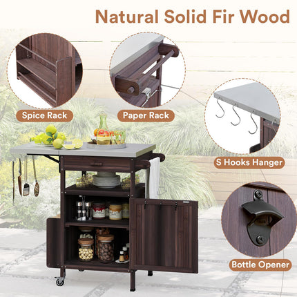 Outdoor Grill Cart with Drop Leaf, Stainless Steel Tabletop Outdoor Kitchen Island, Solid Wood Outdoor Buffet Cabinet with Drawer, Towel Rack, Lockable Wheels for Grilling, Brown/Light Wood Color/Gray-blue