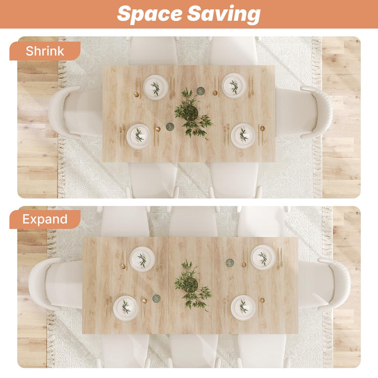 63"-78.7" Expandable Dining Table, 6-10 Farmhouse Kitchen Table, Extendable Dining Room Tables, Rectangular Table with Metal Track, Stable Central Column Base for Living Room, Home-Oak