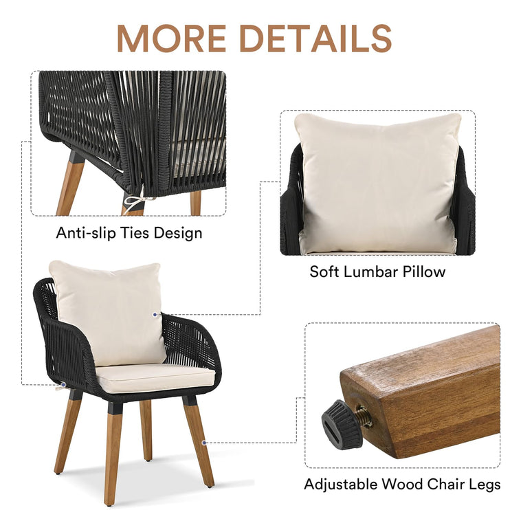 5 Piece Rope Patio Furniture Set, All-Weather Conversation Sets for Backyard with Handwoven Armchairs, Ottomans, Pop-Up Cool Bar Wicker Table, Beige