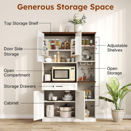 Kitchen Pantry Storage Cabinet with LED Lights and Charging Station, 71" Tall Kitchen Hutch Buffet Cabinet with Door Glass Holder and Drawers, Freestanding Wood Cupboard (Antique White)