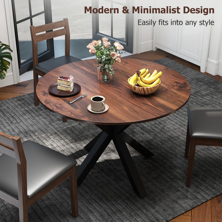 Round Dining Table, 42" Kitchen Dining Table for 4-6, Small Round Table with Metal Cross Legs, Modern Round Dining Room Table for Kitchen, Apartment, Living Room, Brown