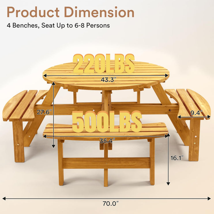 8 Person Wood Picnic Table, Round Tabletop with Umbrella Hole, 4 Built-in Curved Benches, 2220LBS Total Capacity for Patios, Backyard, Light Wood Color