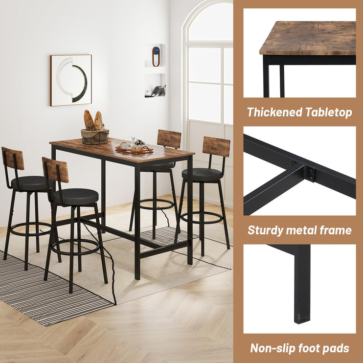 Dining Table Set for 4, 5-Piece Bar Table Set, Kitchen Table and Chairs, Counter Height High Top Table with 4 PU Upholstered Stools, Space-Saving Pub Table Sets for Small Space, Brown