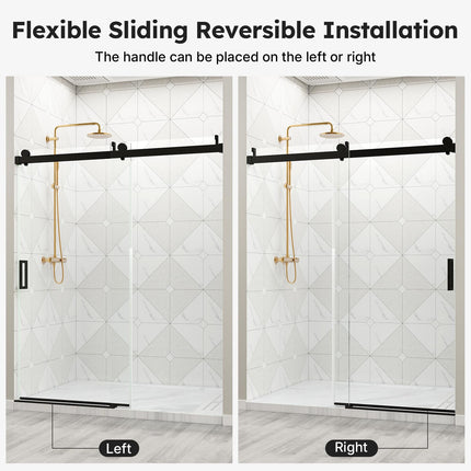 56"-60" W x 76" H Shower Door, Frameless Sliding Shower Glass Door with 1/4" (6mm) Clear Tempered Glass, Noiseless & Shatterproof Shower Door, Reversible Installation, Black