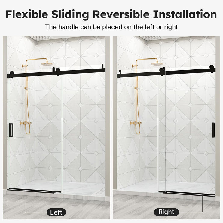 56"-60" W x 76" H Shower Door, Frameless Sliding Shower Glass Door with 1/4" (6mm) Clear Tempered Glass, Noiseless & Shatterproof Shower Door, Reversible Installation, Black