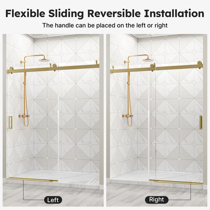 56"-60" W x 76" H Frameless Shower Door, Sliding Shower Door with 1/4" (6mm) Clear Tempered Glass, Silent Soft-Close Shatterproof Shower Doors, Reversible Installation, Aluminum, Gold