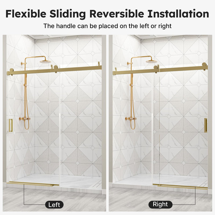 56"-60" W x 76" H Frameless Shower Door, Sliding Shower Door with 1/4" (6mm) Clear Tempered Glass, Silent Soft-Close Shatterproof Shower Doors, Reversible Installation, Aluminum, Gold