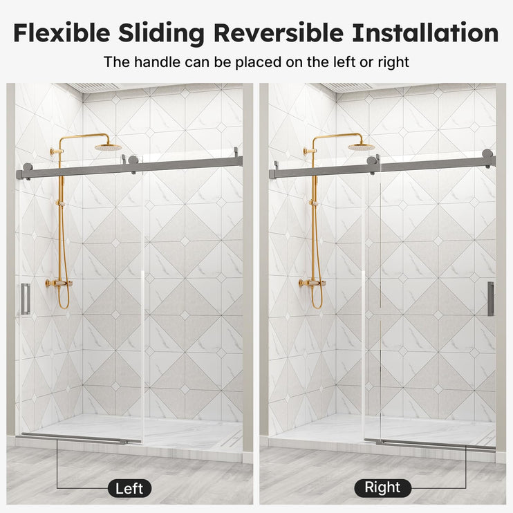 56"-60" W x 76" H Shower Door, Frameless Sliding Shower Glass Door with 1/4" (6mm) Clear Tempered Glass, Noiseless & Shatterproof Shower Door, Reversible Installation, Brushed Nickel
