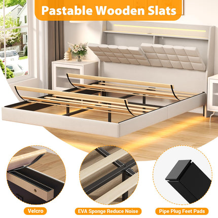 Floating Queen Bed Frame with Storage, Upholstered Platform Bed Frame Queen with LED Lights, Floating Bed Frame with Headboard, Charging Station with USB Ports, Noiseless, White