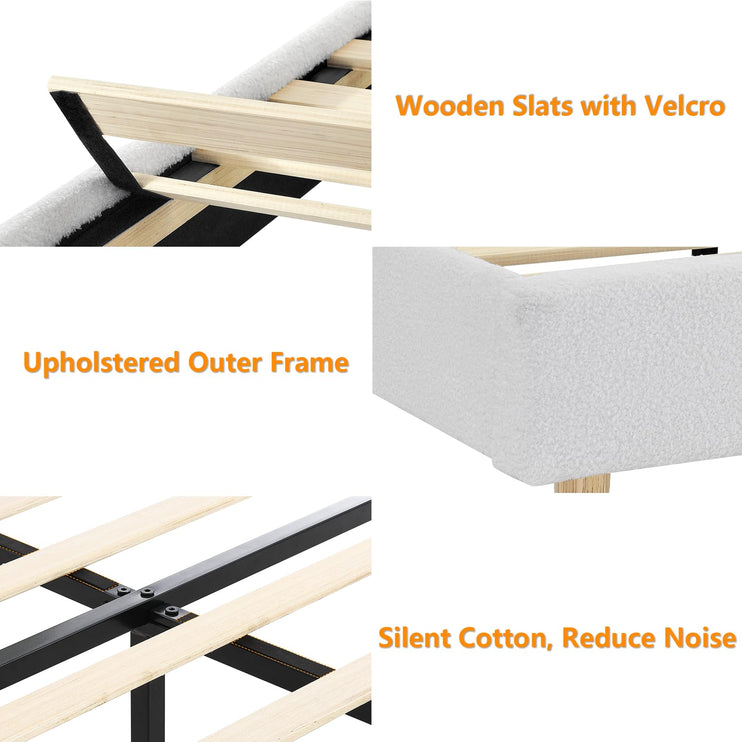 Upholstered Bed Frame Full/Queen, Velvet Upholstered Bed Frame with Headboard, Mattress Foundation with Sturdy Wooden Slats, No Box Spring Needed, No Noise, White