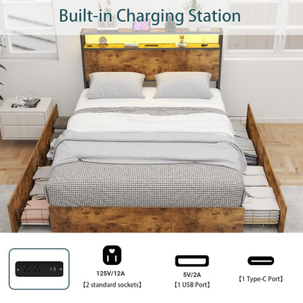Queen Bed Frame with 4 Storage Drawers, Wooden Headboard with Charging Station & Adjustable LED Lights, Large Under-Bed Space, Queen Metal Platform Bed Base, No Box Spring Needed, Brown
