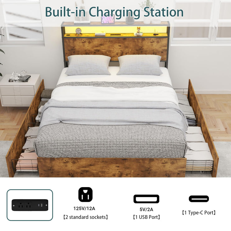 Queen Bed Frame with 4 Storage Drawers, Wooden Headboard with Charging Station & Adjustable LED Lights, Large Under-Bed Space, Queen Metal Platform Bed Base, No Box Spring Needed, Brown