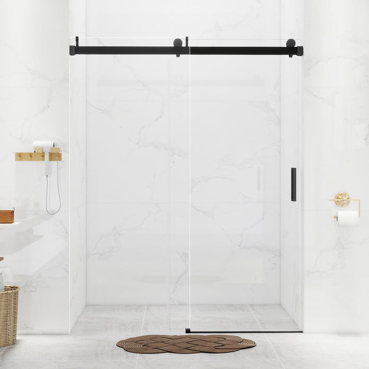 56-60'' W x 76 '' H Shower Doors, Frameless Single Sliding Doors, Walk in Shower Doors with 3/8" (10 mm) Tempered Glass, Stainless Steel Handles, Matte Black