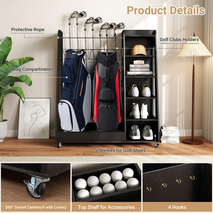 Wooden Golf Bag Organizer and Storage Rack, 2 Golf Bag Storage Rack with Wheels, Golf Storage Organizer for Garage, Suitable for Garage Home Golf Club, Black