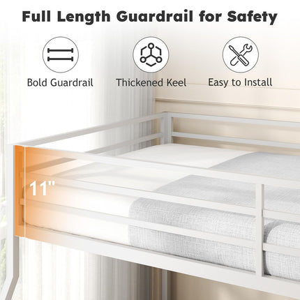 Twin Over Full Bunk Bed, Metal Low Profile Bunkbeds with Full-Length Guardrail and Ladder, Space Saving, No Boxing Spring Needed, White