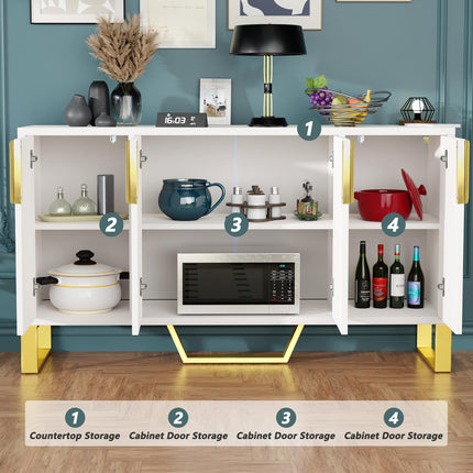 Buffet Sideboard Storage Cabinet 60inch Coffee Bar Console Table with Adjustable Shelf, 4 Doors, White