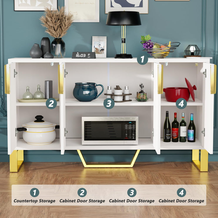 Buffet Sideboard Storage Cabinet 60inch Coffee Bar Console Table with Adjustable Shelf, 4 Doors, White