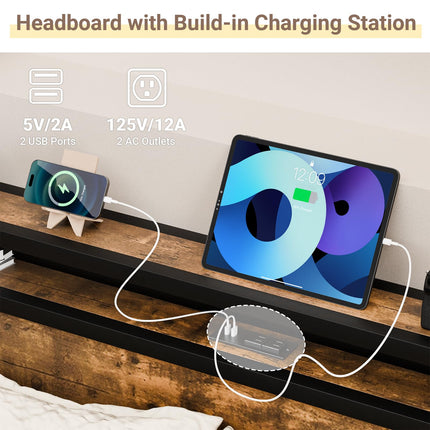 King Size Bed Frame with Headboard, Headboard with Charging Station, 2 USB Port & 2 AC Power Outlet, King Metal Platfrom Bed Frames No Box Spring Needed, Sturdy & Assembly, Brown
