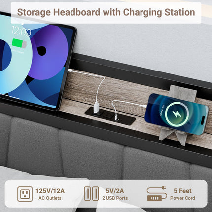 Full Bed Frame, 2 Tier Shelf Headboard with USB Ports & Power Outlets Charging Station, Full Size Metal Platform Bed Frame with Upholstered Headboard, Noise-Free, No Box Spring Needed