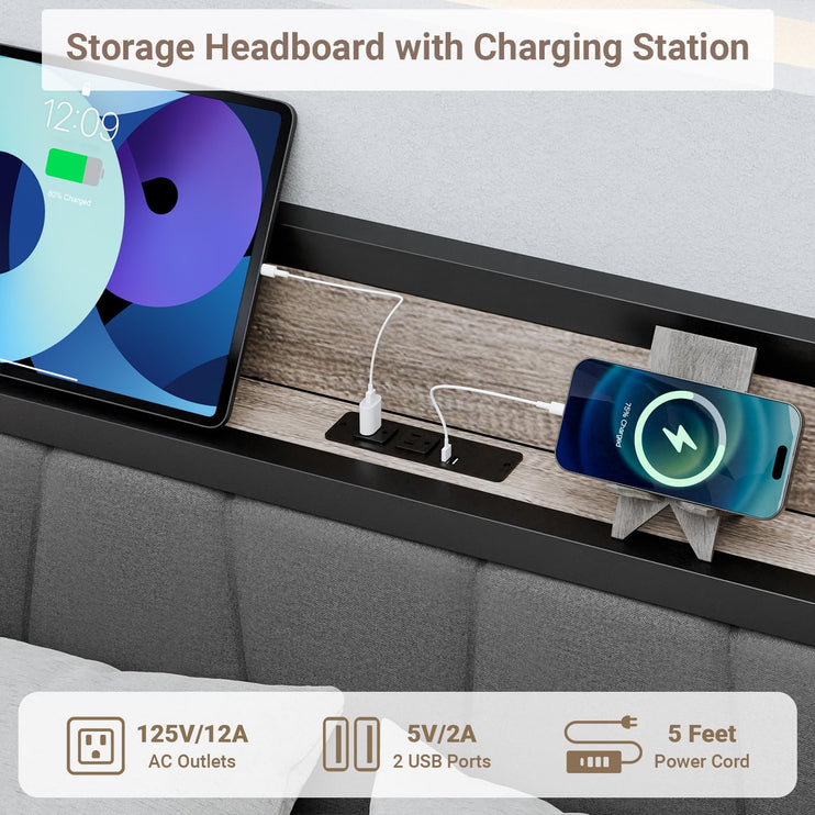 Full Bed Frame, 2 Tier Shelf Headboard with USB Ports & Power Outlets Charging Station, Full Size Metal Platform Bed Frame with Upholstered Headboard, Noise-Free, No Box Spring Needed