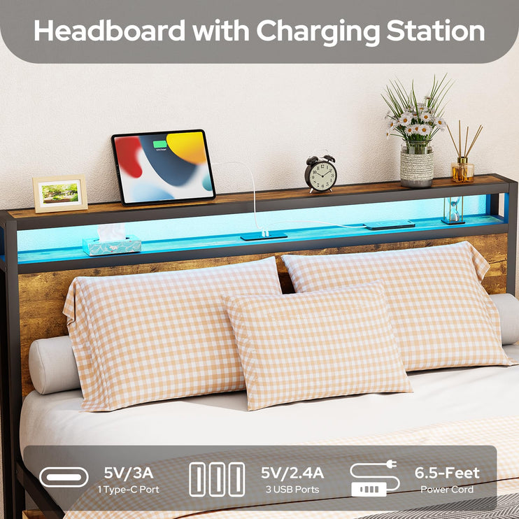 Queen Bed Frame with Storage Drawers, Bed Frame Queen Size with Headboard, LED Light, Charging Station with 3 USB Ports & 1 Type-C Port, No Noise, Rustic Brown