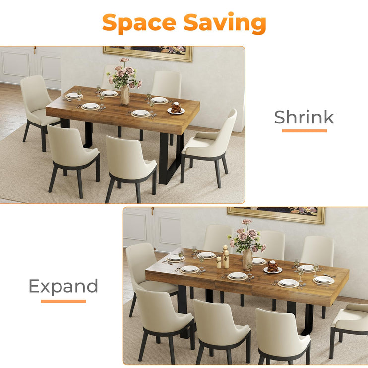63"-78.7" Expandable Dining Table, 6-10 Extendable Dining Table, Farmhouse Kitchen Table with Slide Track, Tapered U-Shaped Wood Legs for Dining Room, Living Room-Brown