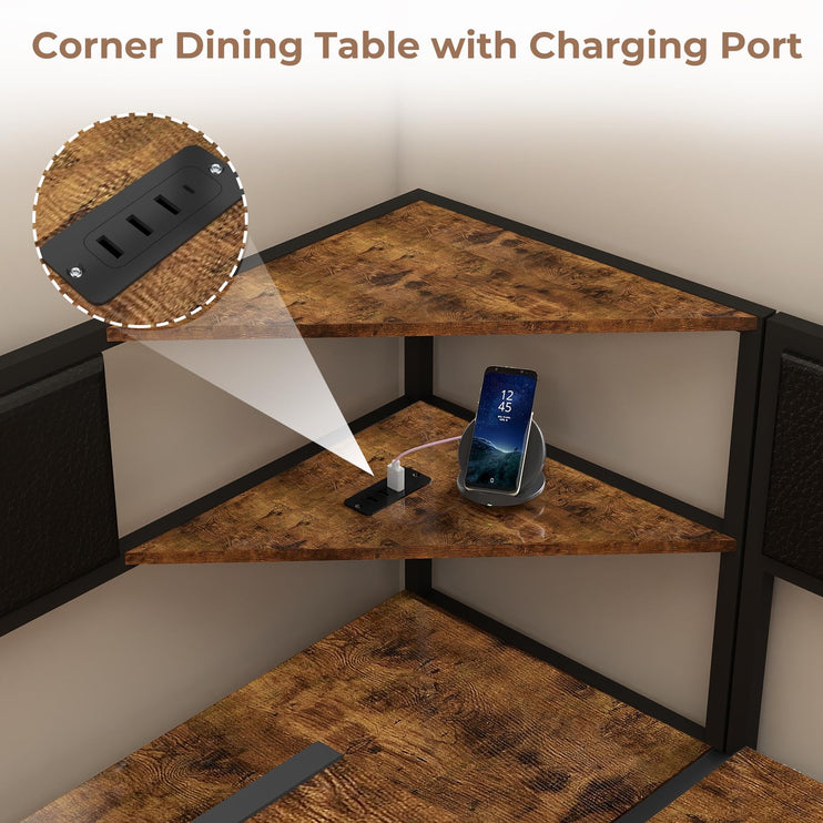Corner Dining Table Set for 4-6, Breakfast Nook Table Set with Charging Port, Corner Kitchen Table with Storage & Bench, Farmhouse Corner Dining Table Set for Dining Room, Kitchen - Brown