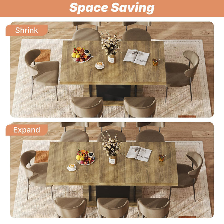 63"-78.7" Expandable Dining Tables, 6-10 Farmhouse Kitchen Table, Extendable Dining Room Table, Rectangular Thick Top with Metal Track, Central Column Base for Living Room, Office-Brown