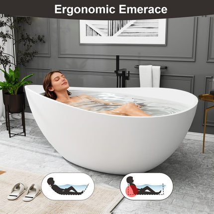 63 Inch Stone Resin Freestanding Bathtub, Modern Oval Soaking Bathtubs Tubs, Contemporary Solid Surface Bathtubs with Overflow and Pop-up Drain, Matte White