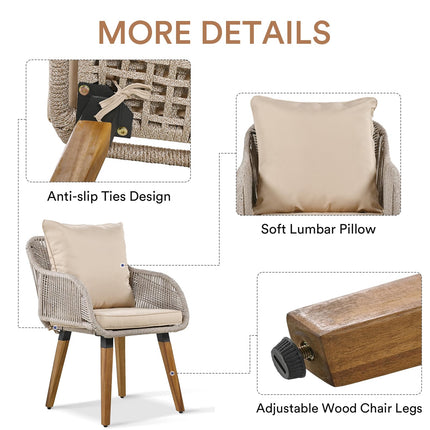 5 Piece Rope Patio Furniture Set, All-Weather Conversation Sets for Backyard with Handwoven Armchairs, Ottomans, Pop-Up Cool Bar Wicker Table, Beige