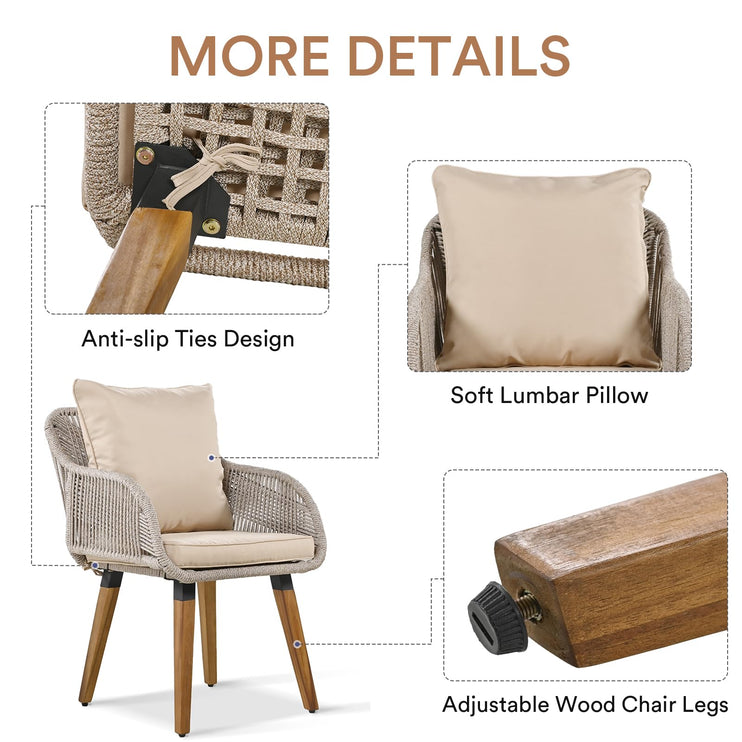 5 Piece Rope Patio Furniture Set, All-Weather Conversation Sets for Backyard with Handwoven Armchairs, Ottomans, Pop-Up Cool Bar Wicker Table, Beige