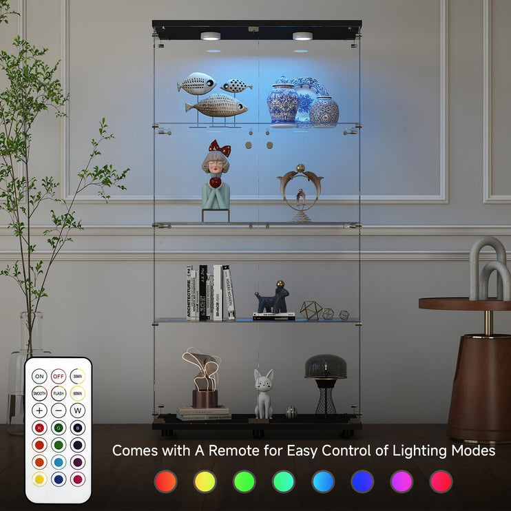 Tempered Glass Display Cabinet with Lights, 4-Tier Curio Cabinet with Glass Doors and Lock, Glass Display Case for Collectibles, for Living Room, Bedroom, Office, Black, Double Door