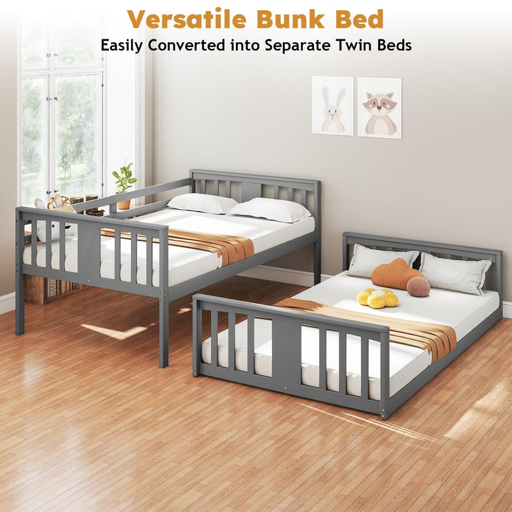Wooden Bunk Bed Twin Over Twin, Low Bunk Bed, Solid Pine Wood Bed Frame with Built-in Ladder, Convertible Bed Frame That Separates into 2 Twin Beds, Floor Bunk Bed for Bedroom, Gray