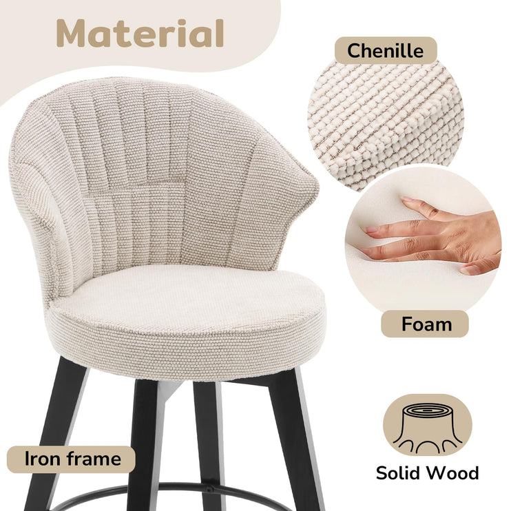 Bar Stools Set of 2, 25" Counter Height Stools, 360° Swivel Bar Stools, Stools for Kitchen Counter, Barstools Set of 2 with Wood Legs & Chenille Upholstery for Pub & Dining Room-White