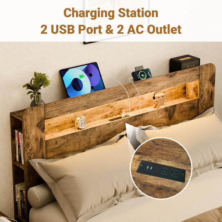 Wood Bed Frame King with Headboard, LED Light, Charging Station with 2 USB Ports & 2 AC Outlets, Sturdy Wood Framework, No Noise, Dark Brown (Rectangular Slot)