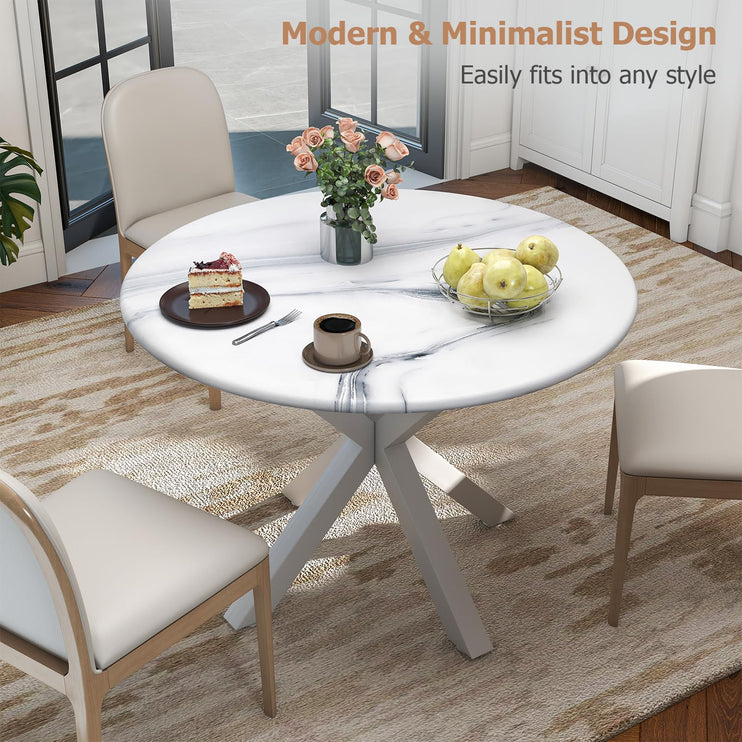 Round Dining Table, 42" Kitchen Dining Table for 4-6, Small Round Table with Metal Cross Legs, Modern Round Dining Room Table for Kitchen, Apartment, Living Room, White Marble