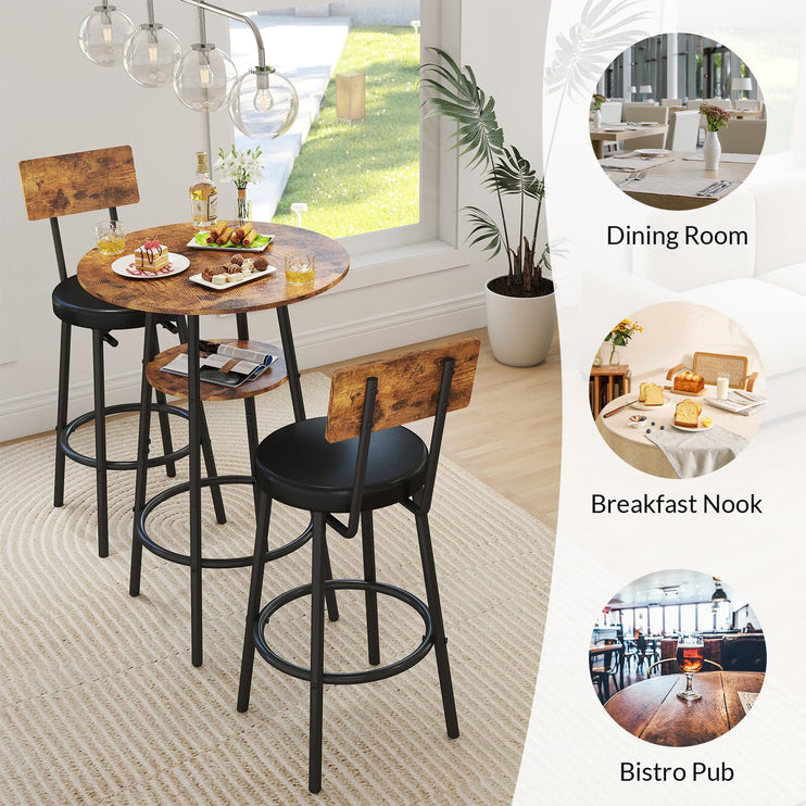 3 Pieces Round Bar Table Set, Small Dining Table for 2, Modern Kitchen Bar Table, Breakfast Table with Storage, 2 Thickened Cushion Stools with Backrest for Dining Room, Bistro-Brown