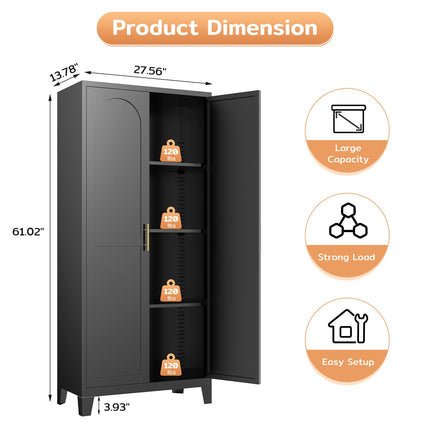 61" H Metal Kitchen Pantry Cabinet, Freestanding Cupboard with 2 Doors and 3 Adjustable Shelves, Tall Metal Storage Cabinet for Kitchen, Bathroom, Dinning Room or Laundry Room （Black）