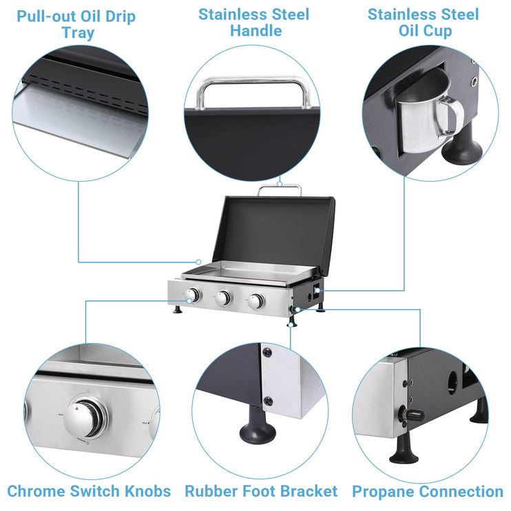 3 Burner Portable Propane Grill, Tabletop Gas Grill with Stainless Steel Grill Tray, Regulator, 28,680 BTU Gas Griddle Flat Top Grill for Patio, Garden Barbecues, Camping