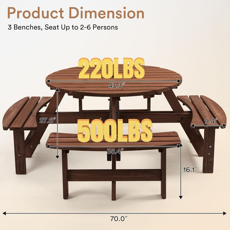8 Person Wood Picnic Table, Round Tabletop with Umbrella Hole, 4 Integrated Curved Benches, 2220LBS Overall Capacity for Patios, Backyard, Rustic Brown