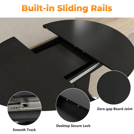 43"-59" Expandable Round Dining Table, Extendable Dining Room Table for 4-6, Oval Tabletop with Removable Leaf, Trestle X-Shaped Base & Metal Track for Dining Room, Living Room-Black