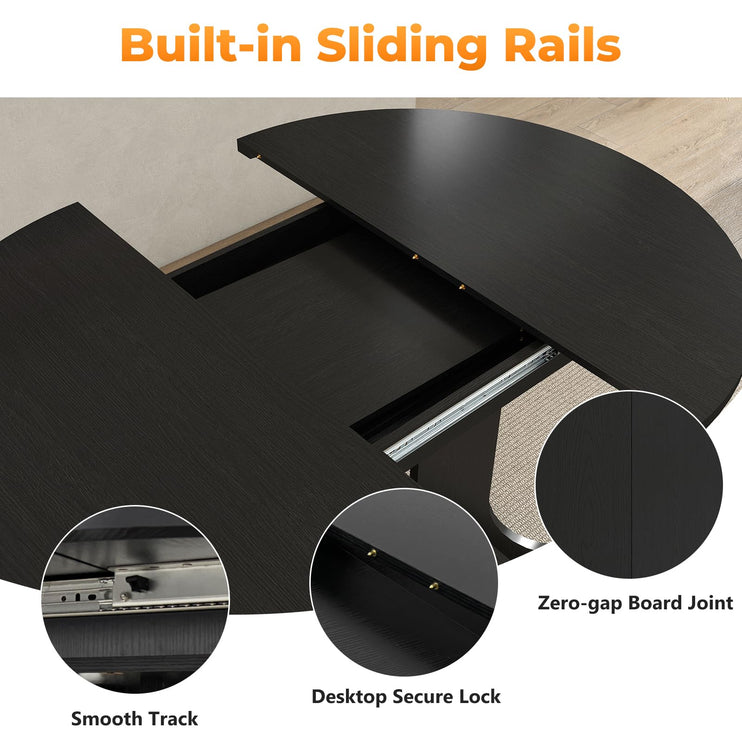 43"-59" Expandable Round Dining Table, Extendable Dining Room Table for 4-6, Oval Tabletop with Removable Leaf, Trestle X-Shaped Base & Metal Track for Dining Room, Living Room-Black