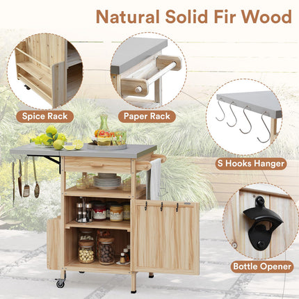 Outdoor Grill Cart with Drop Leaf, Stainless Steel Tabletop Outdoor Kitchen Island, Solid Wood Outdoor Buffet Cabinet with Drawer, Towel Rack, Lockable Wheels for Grilling, Brown/Light Wood Color/Gray-blue