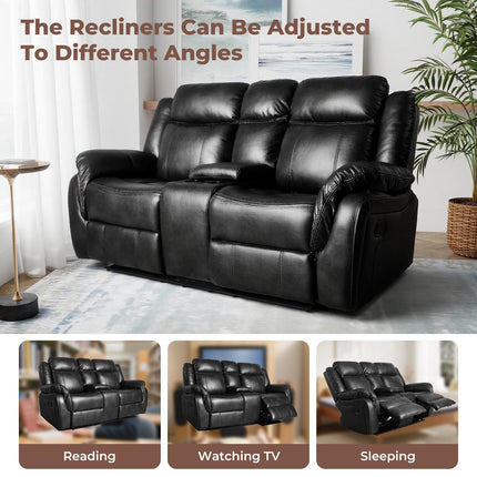 Leather Manual Recliner Sofa Set, 1, 2, 3 Seat Reclining Chairs with Adjustable Angles, Center Console, Hidden Storage & Cup Holders, Modern Reclining Furniture for Living Room & Bedroom, Black