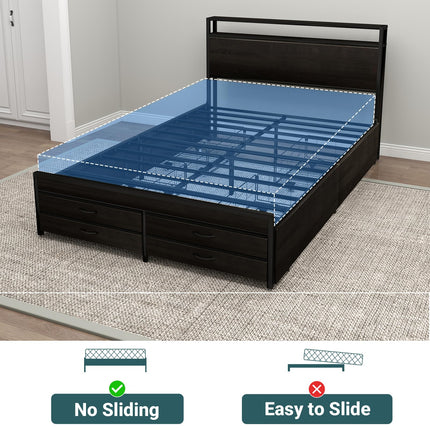 Full Bed Frames with Headboard, Full Size Storage Bed Frame with 8 Drawers, Built-in Charging Ports & Outlets, Adjustable Atmospheric LED Lights, Full-Size Metal Foundation Beds Base, Black