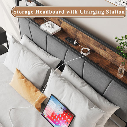 Queen Size Bed Frame with Headboard & Charging Station, Queen Upholstered Headboard with Storage Shelf, Heavy Duty Metal Platform Bed Frame, No Box Spring Needed, Easy Assembly